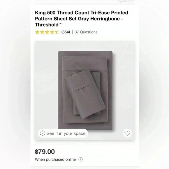 NWT King Tri-Ease Printed Pattern Sheet Set Gray Herringbone-Threshold - Picture 2 of 5